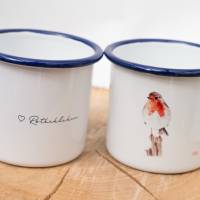 Emaille-Tasse Rotkehlchen, Geschenk Tasse mit Vogel Illustration, personalisierbar Bild 4