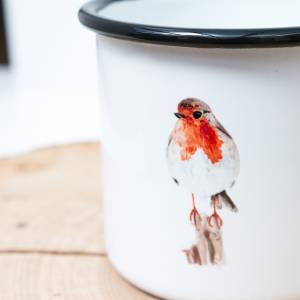 Emaille-Tasse Rotkehlchen, Geschenk Tasse mit Vogel Illustration, personalisierbar Bild 8