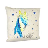 personalisierte Kissen Mädchen mit Pferd Blue Sunshine, naturfarben Leinenoptik, 40x40 cm mit Innenkissen Bild 2