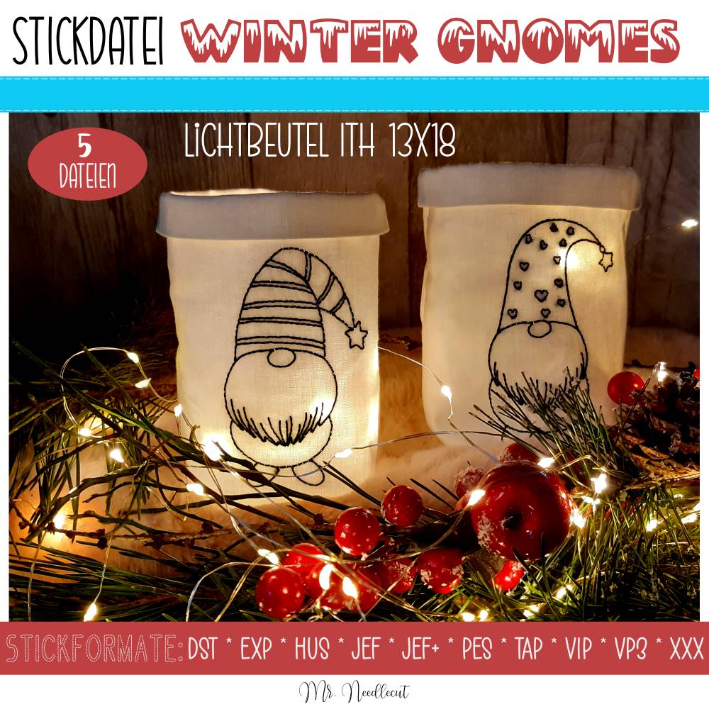 Digitale Stickserie Winter Gnomes Lichtbeutel ITH 13x18 (5x7") Bild 1