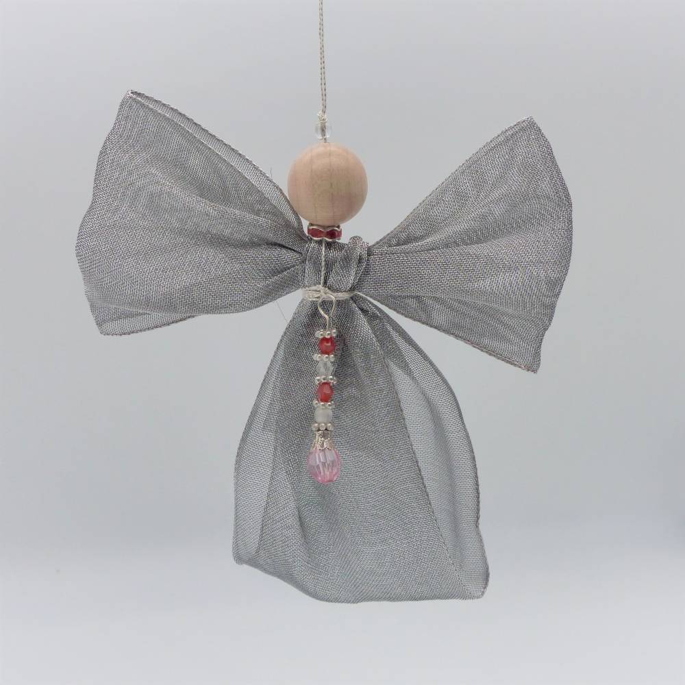 Engel aus silber glitzendem Schleifenband + Perlen, Weihnachten, Dekoration, Schutzengel, Geschenk, Baumschmuck Bild 1