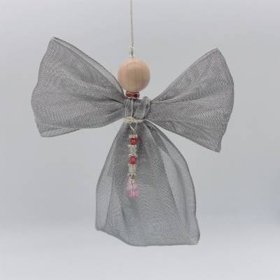 Engel aus silber glitzendem Schleifenband + Perlen, Weihnachten, Dekoration, Schutzengel, Geschenk, Baumschmuck
