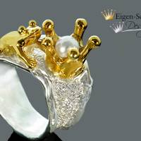 Goldschmiede Froschring "Frosch mit Krone" in 925er Sterling Silber mit Teilvergoldung und Perle, Ring Dame, Wei Bild 1