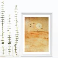 Aquarell Druck, sandfarbene Wüste und Vögel vor der Sonne, harmonischer Kunstdruck für dein Zuhause, Größen 28 x 21 cm u Bild 1
