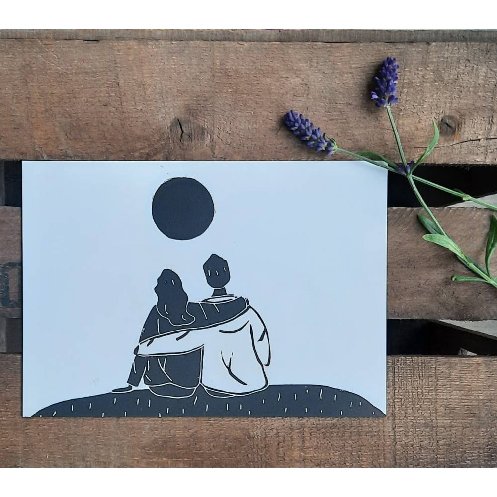 Linoldruck – The Couple – A5 – Wandkunst – Liebe – Freundschaft - Blockdruck – Print – Handgefertigt - Linolschnitt Bild 1