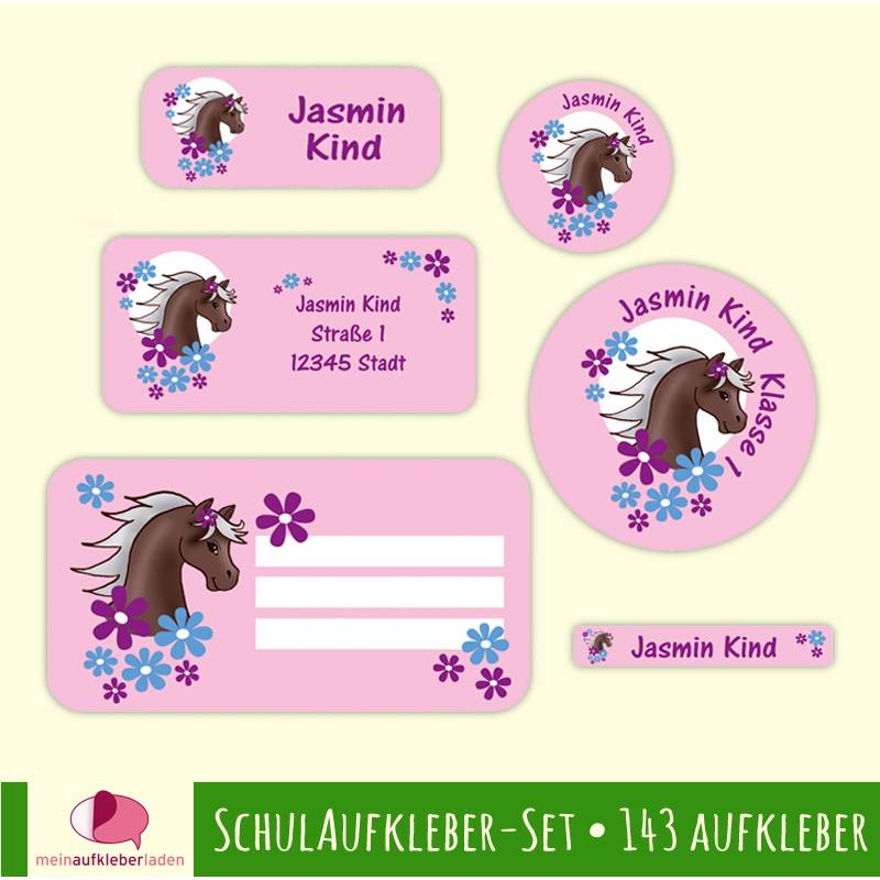 Schulaufkleber-Set | Pony mit Blumen - rosa - 143 teilig, Namensaufkleber, Stifteaufkleber, Adressaufkleber, Heftaufkl Bild 1