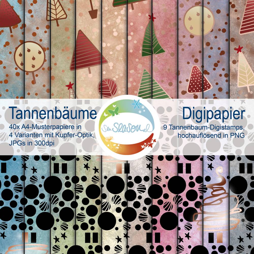 Digipapier Tannenbäume Weihnachten, inkl. Tannenbaum-Digistamps und Schneidedatei, vier weihnachtliche Digi-Paper Bild 1
