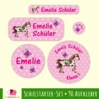 Schulstarter-Set | Pferde Herzchen - rosa - 90 teilig, Namensaufkleber, Stifteaufkleber, Schuletiketten Bild 1