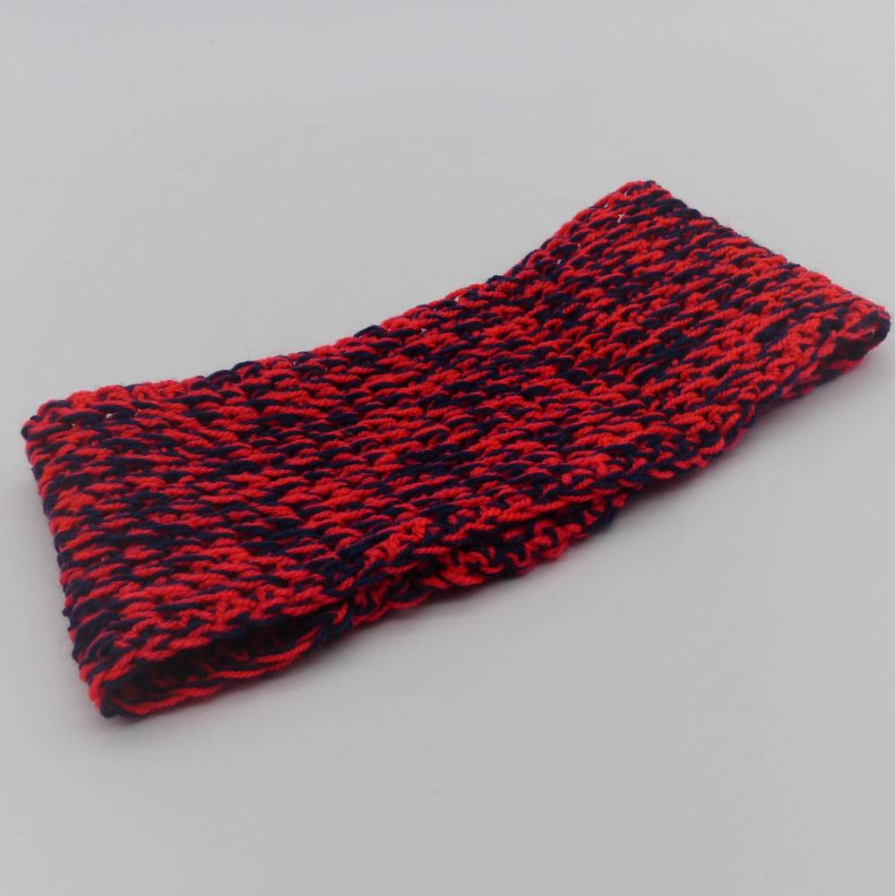 Stirnband rot blau, mehrfädig von Hand gehäkelt, Kopfbedeckung, hält die Ohren warm, Ohrenwärmer, Einzelstück Bild 1
