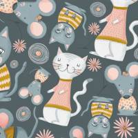 Kapuzenpullover Langarmshirt Mädchenpullover - Größe 86 - Katzen grau bunt Bild 3