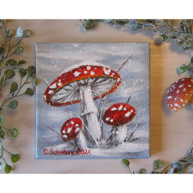 Fliegenpilze im glitzernden Schnee II  - hübsches Acrylgemälde auf Leinwand  20cmx20cm mit Pilzen und Glitter