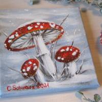 Fliegenpilze im glitzernden Schnee II  - hübsches Acrylgemälde auf Leinwand  20cmx20cm mit Pilzen und Glitter Bild 3