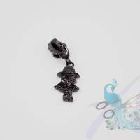 Bügelschieber / Zipper "Mädchen mit Blume" für Endlos-Reißverschluß breit in gunmetal / nickel schwarz Bild 1