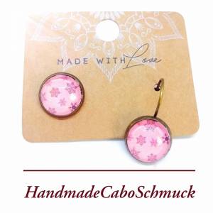 Cabochon Ohrringe Schneeflocken rosa schwarz Bild 2