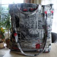 Shopper Bag XXL / der ideale Alltagsbegleiter aus festem Dekostoff / Jaquard - " Städtetrip - Paris " Grau / Sch Bild 8