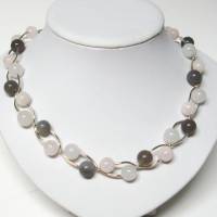 Edelsteinkette aus Silber 925 gebogenen Röhrchen und Rosenquarz, Achat Perlen, Geschenk zum Geburtstag Bild 1