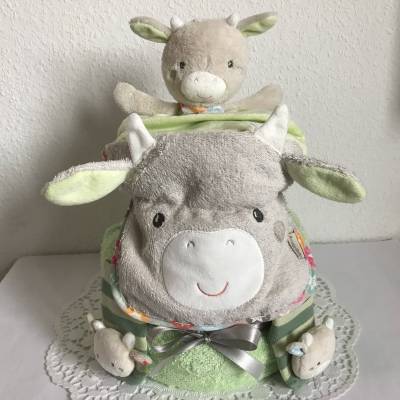 Junge Windeltorte grün Geschenk Babyparty Geburt Taufe Kuh Schmusetuch Lätzchen Rasselsöckchen
