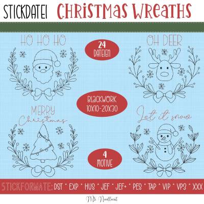 Digitale Stickdatei Christmas Wreaths Blackwork 10x10 - 20x30 (4x4 - 8x12")