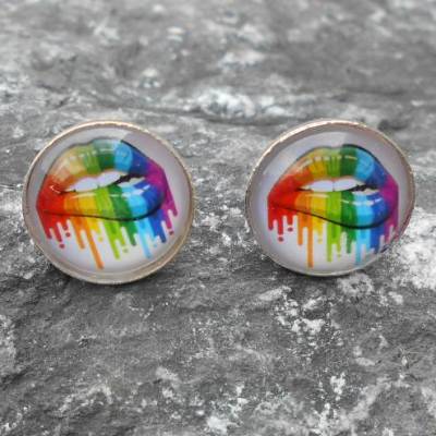 Regenbogen Lippen Mund    Cabochon Ohrstecker 15 mm  silber  