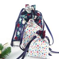 blaue Geschenkbeutel im 3er-Pack mit Skandinavischen Sternen | Geschenkverpackung aus Stoff | Wendebeutel Bild 3