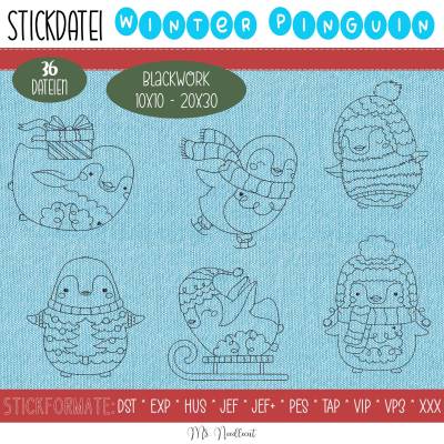 Digitale Stickdatei Winter Pinguin Blackwork 10x10 - 20x30 (4x4 - 8x12")