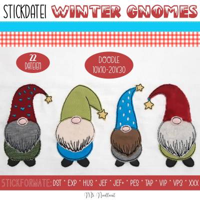 Digitale Stickdatei Winter Gnomes Doodle 10x10 - 20x30 cm (4x4 - 8x12") Stickrahmen
