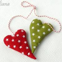 Herzen, 2 Stück, rot und grün, Weihnachtsdekoration, Aufhänger, Baumschmuck, Handarbeit, genäht Bild 1