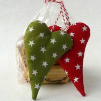 Herzen, 2 Stück, rot und grün, Weihnachtsdekoration, Aufhänger, Baumschmuck, Handarbeit, genäht Bild 2