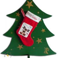 Bestickter roter Nikolausstiefel Applikation Rentier personalisierter Weihnachtsstiefel mit Namen flauschige Krempe Bild 5