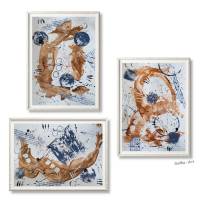 Modernes 3-teiliges Set  Acrylbilder aus der Serie Balance, ungerahmt, abstrakt, Karamell und Stahlblau, Wandkunst Bild 1