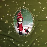 French-Terry-Panel Weihnachtsmädchen mit Hase von Glünz, grün mit Punkten, Schneeflocken, 1,05 x 1,50m Bild 3