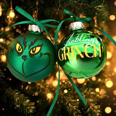 Lieblingsgrinch Geschenkset 2x Weihnachtskugeln aus Glas, Weihnachtsmuffel, Grinch inspirierte Weihnachtskugel
