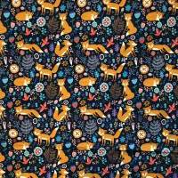 Jersey mit Fuchs, Vogel, Blumen, dunkelblau, türkis, orange, Breite 1,50m Bild 1