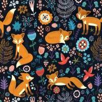 Jersey mit Fuchs, Vogel, Blumen, dunkelblau, türkis, orange, Breite 1,50m Bild 2