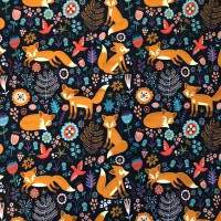 Jersey mit Fuchs, Vogel, Blumen, dunkelblau, türkis, orange, Breite 1,50m Bild 3