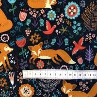 Jersey mit Fuchs, Vogel, Blumen, dunkelblau, türkis, orange, Breite 1,50m Bild 4