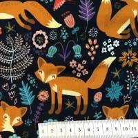 Jersey mit Fuchs, Vogel, Blumen, dunkelblau, türkis, orange, Breite 1,50m Bild 5