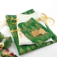 Geschenkbeutel im 3er-Pack mit goldenen Tannen auf grün | Geschenkverpackung aus Stoff | Weihnachtssäckchen Bild 4