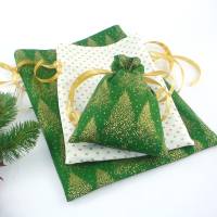 Geschenkbeutel im 3er-Pack mit goldenen Tannen auf grün | Geschenkverpackung aus Stoff | Weihnachtssäckchen Bild 5