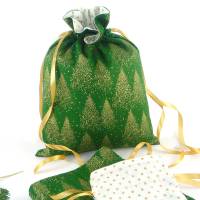 Geschenkbeutel im 3er-Pack mit goldenen Tannen auf grün | Geschenkverpackung aus Stoff | Weihnachtssäckchen Bild 6