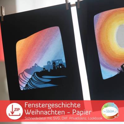 Plotterdatei Fensterbild, 4-teilig oder am Stück, Fenstergeschichte Weihnachten Papier, Weihnachtsschmuck selber basteln