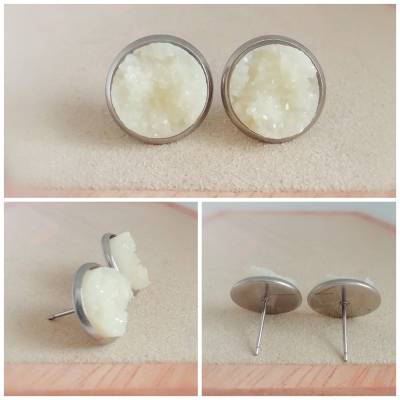 12mm Edelstahl Cabochon Ohrringe Ohrstecker, druzy weiß beige, glitzer Kristall