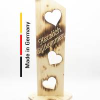 Der Einschneider Willkommensschild Haustür mit Herzen -NR1- Geflammtes Herzlich Willkommen Schild - Türschild Holz Deko Bild 1