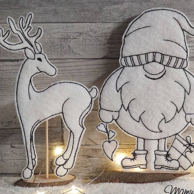 *  Hirsch und Wichtel  *  ITH Stickdateien - Deko für Baumscheiben mit Spieß oder zum Aufhäng