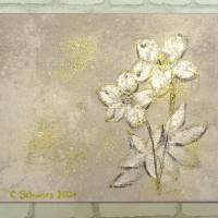 WINTERBLUMEN weiß-goldfarbig - hübsches Mixed Media Bild auf Leinwand  30cmx25cm mit Glitter - Künstlerin Christiane Sch Bild 1