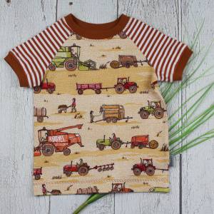 T-Shirt Sommershirt Bauernhoffahrzeuge Traktor Mähdrescher Jersey handmade Kindershirt beige braun terracott Bild 1