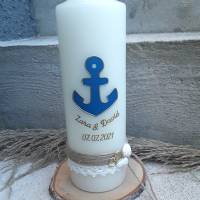 Hochzeitskerze Kerze zur Hochzeit maritim Anker silber o. gold 25x8 cm creme Bild 1
