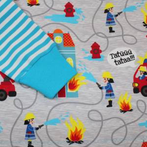 Langarmshirt Longsleeve Feuerwehr Streifen hellgrau meliert türkis Junge Kinderkleidung handmade Gr. 98-110 Bild 3