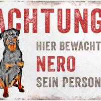 Hundeschild ACHTUNG! (Rottweiler) mit Hundename, wetterbeständiges Warnschild Bild 1