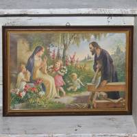 Vintage Druck Heilige Familie mit Engeln und Blumen Bild 1